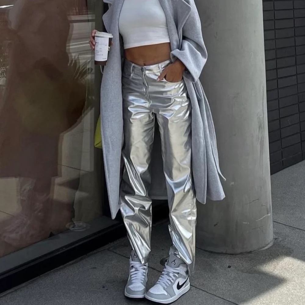 Amy Lynn Lupe Silver Metallic Trousers Jeans Pants, NWT